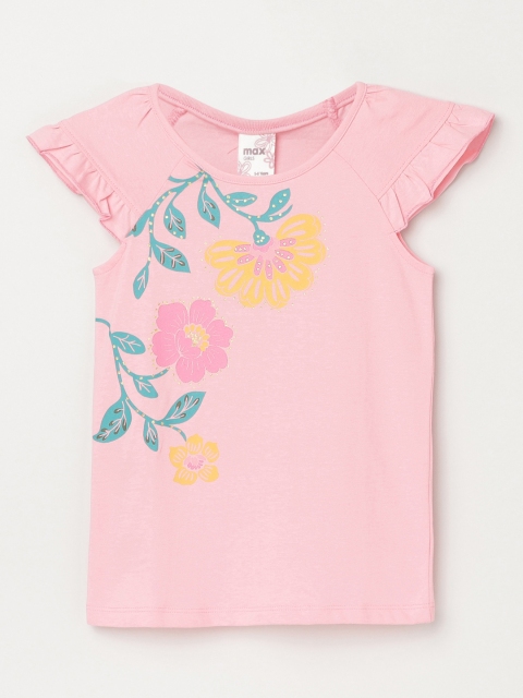 

max Girls Pink Floral Printed Ruffles Pure Cotton Regular Top