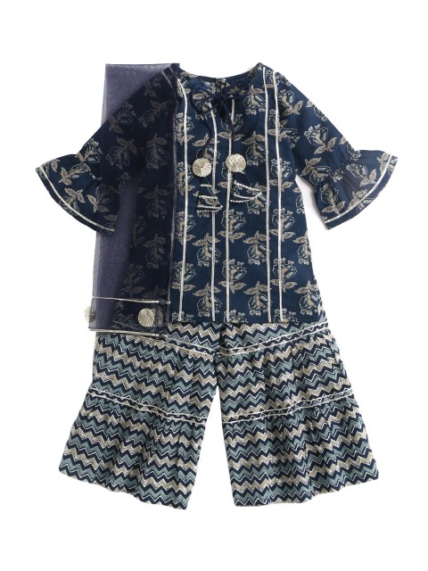 

The Magic Wand Girls Blue Ethnic Motifs Printed Pure Cotton Kurta with Sharara & Dupatta