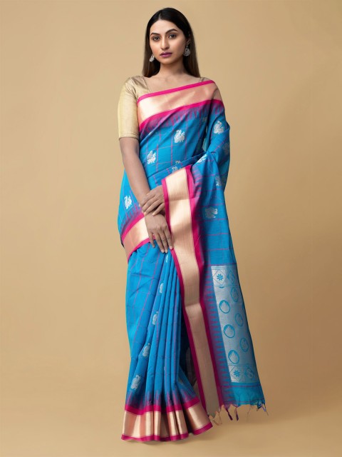 

Unnati Silks Blue & Pink Checked Silk Cotton Bhagalpuri Sustainable Saree