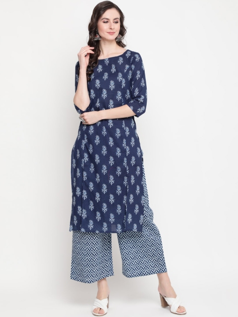 

GULMOHAR JAIPUR Women Blue Ethnic Motifs Printed Pure Cotton Kurta with Palazzos