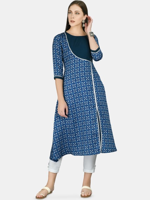 

Myshka Women Blue Geometric Printed Thread Work Anarkali Kurta