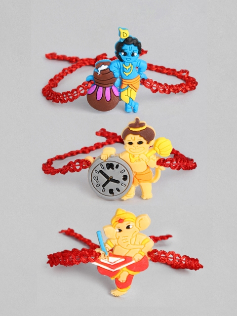 

I Jewels Pack of 3 Handcrafted Hanuman, Krishna and Ganesha Themed Rakhis, Red