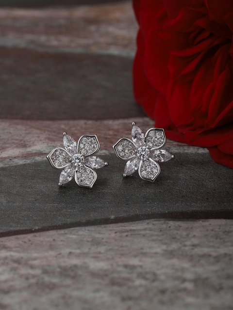 

Carlton London Silver-Toned Rhodium-Plated Stone Studded Floral Studs