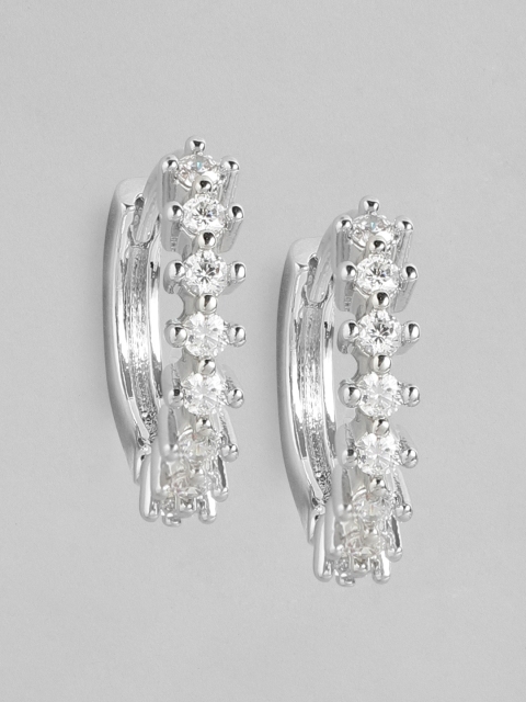 

Carlton London Silver-Toned Rhodium-Plated Stone Studded Circular Huggie Hoop Earrings