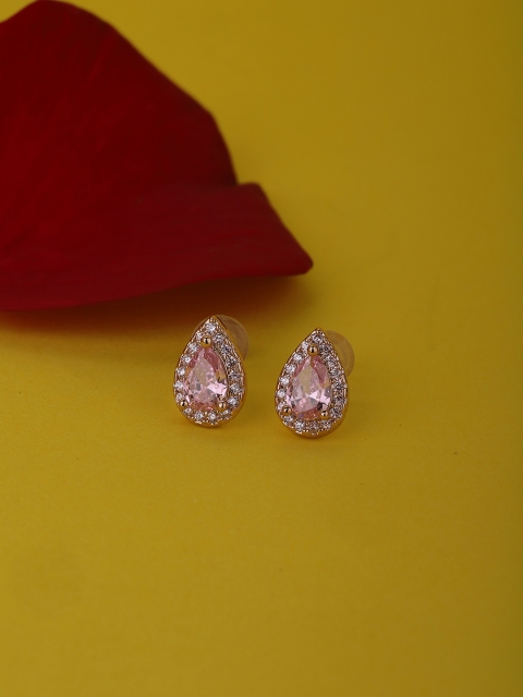 

Carlton London Pink Rose Gold-Plated Stone Studded Teardrop Shaped Studs