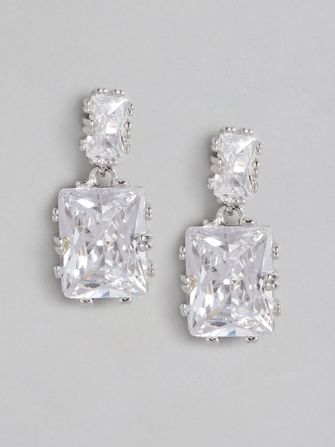 

Carlton London Silver-Toned Rhodium-Plated Stone-Studded Square Drop Earrings