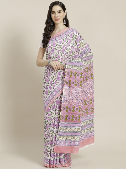 

Libas White & Purple Ethnic Motifs Printed Pure Cotton Saree