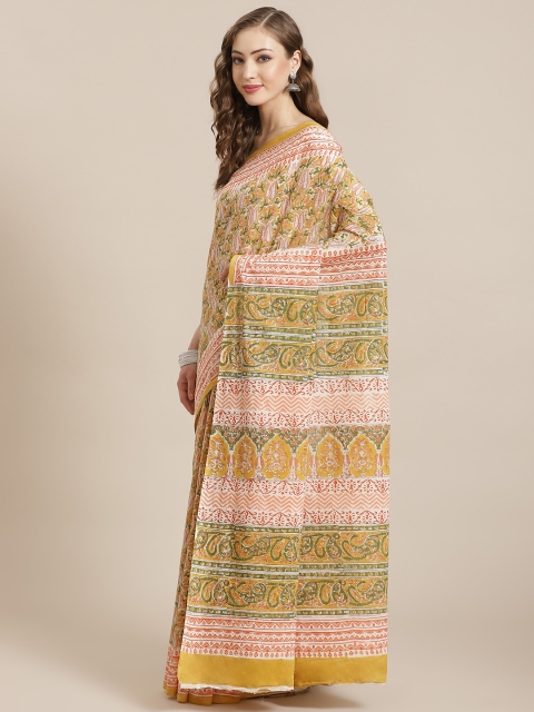 

Libas Yellow & Olive Green Paisley Print Pure Cotton Saree