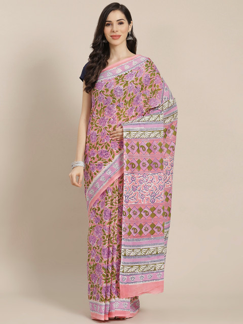

Libas Pink & Green Floral Pure Cotton Saree