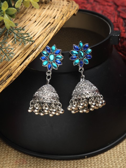

NEUDIS Blue & Silver-Toned Floral Jhumkas Earrings