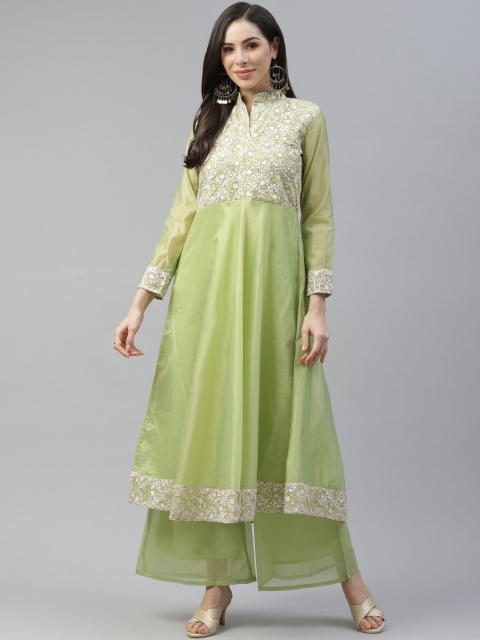 

Cottinfab Women Green Floral Yoke Design Panelled Thread Work Kurta with Palazzos