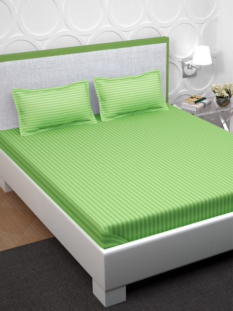 

PAVO Lime Green Striped 210 TC Pure Cotton King Bedsheet with 2 Pillow Covers