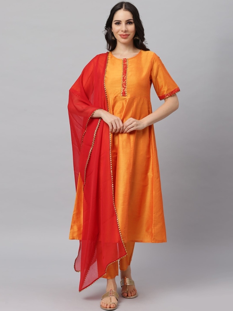

Shakumbhari Women Orange Panelled Kurta with Trousers & With Dupatta