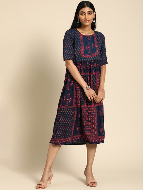 

Anouk Navy Blue & Pink Ethnic Motifs A-Line Casual Dress