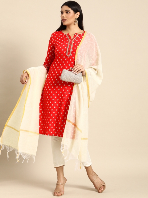 

Anouk Women Red Ethnic Motifs Embroidered Regular Kurta with Trousers & Dupatta