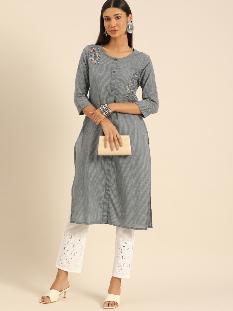 

Anouk Women Grey & White Striped Regular Kurta Sets