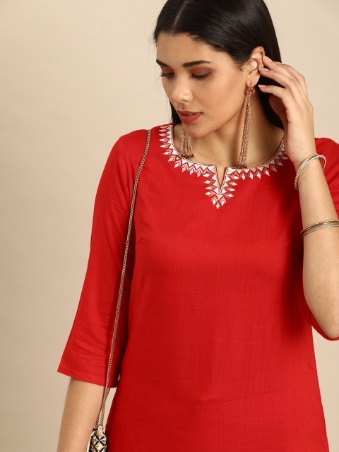 

Anouk Women Red Solid Straight Kurta with Embroidered Detail