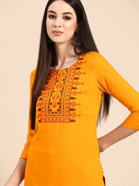 

Anouk Women Mustard Yellow Ethnic Motifs Yoke Design Thread Work Kurta