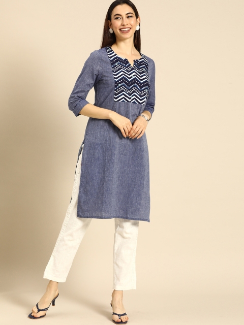 

Anouk Women Blue Chevron Yoke Design Mirror Work Pure Cotton Kurta