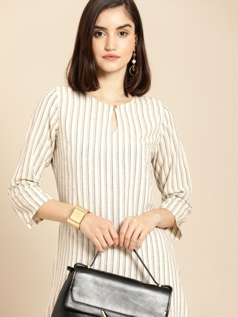 

Anouk Women Black & White Striped Keyhole Neck Straight Kurta