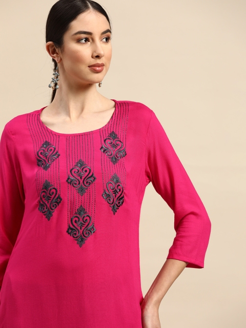 

Anouk Women Pink & Navy Blue Ethnic Motifs Yoke Design Thread Work Kurta