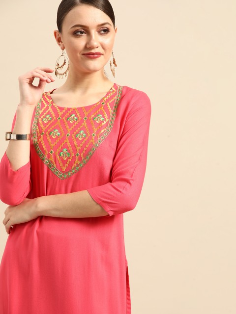 

Anouk Women Pink & Yellow Ethnic Motifs Yoke Design Thread Work Kurta