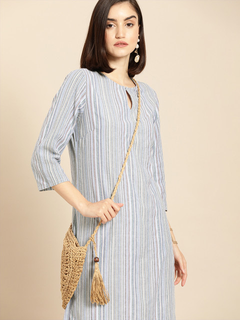 

Anouk Women Light Blue Striped Keyhole Neck Straight Kurta