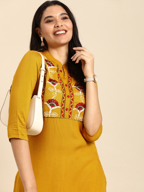 

Anouk Women Mustard Yellow Floral Yoke Design Thread Work Straight Kurta
