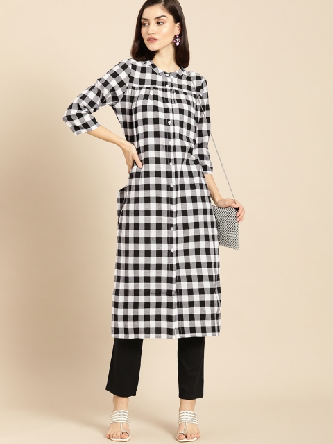 

Anouk Women Black & White Checked Mandarin-Collar Straight Kurta