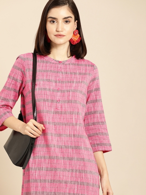 

Anouk Women Pink & Charcoal Striped Mandarin-Collar Straight Kurta