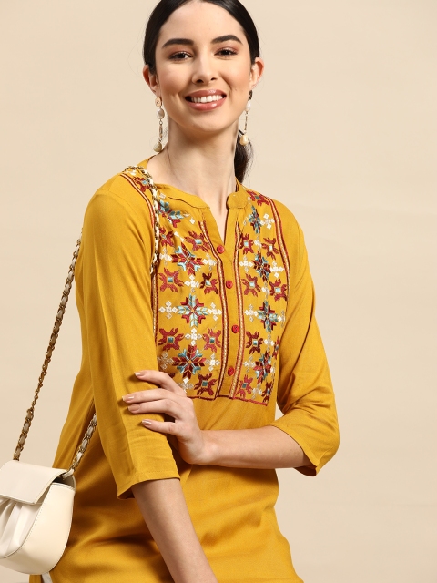 

Anouk Women Mustard Yellow Ethnic Motifs Yoke Design Thread Work Kurta