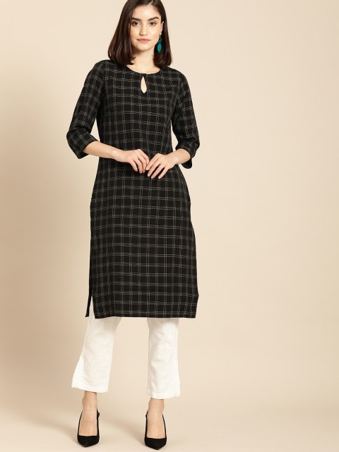 

Anouk Women Black & White Checked Keyhole Neck Straight Kurta