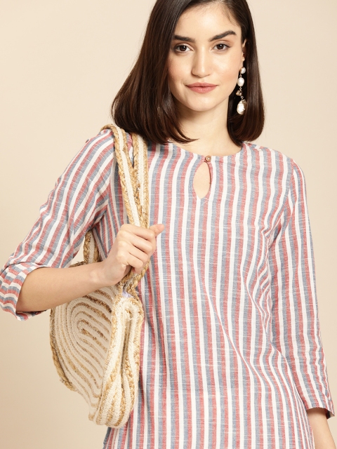

Anouk Women Red & Blue Striped Keyhole Neck Straight Kurta