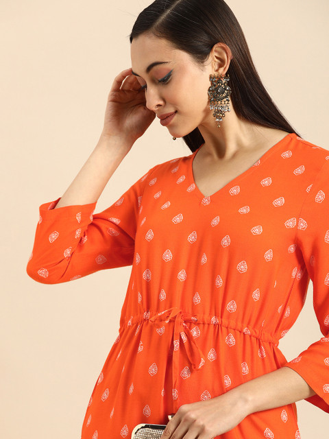 

Anouk Women Orange & White Ethnic Motifs Printed Waist Tie-Up Kurta