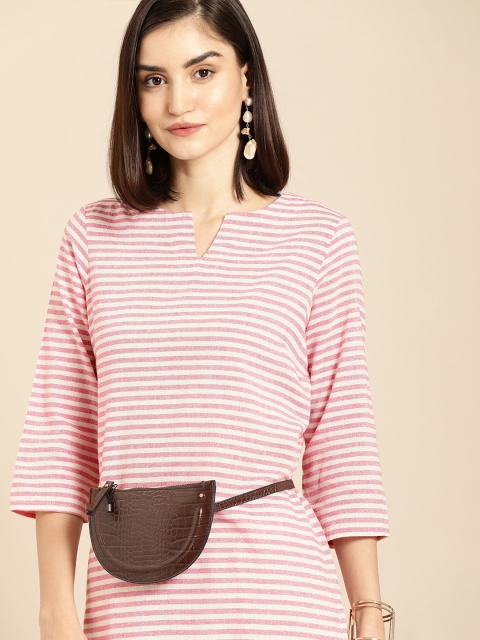 

Anouk Women Pink & White Striped V-Neck Straight Kurta