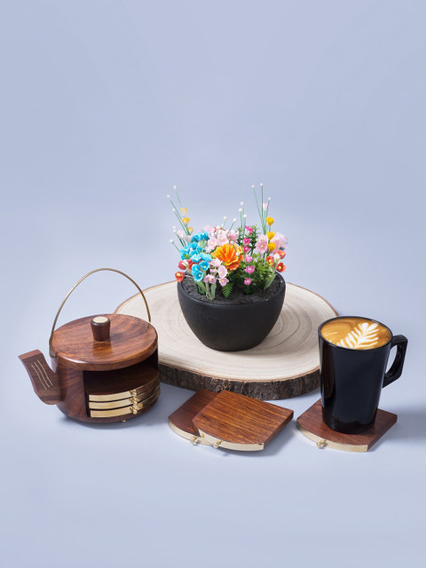 

Golden Peacock Set Of 6 Brown Wooden Coasters With Kettle Shape Coaster Holder