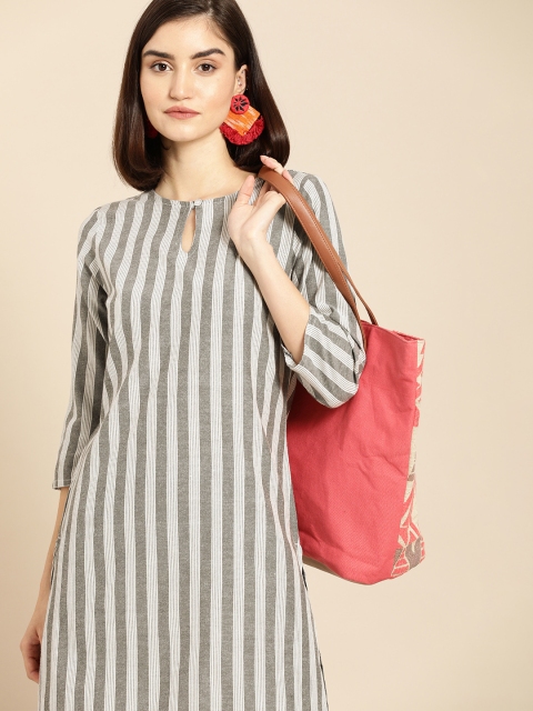 

Anouk Women Grey & White Striped Keyhole Neck Straight Kurta