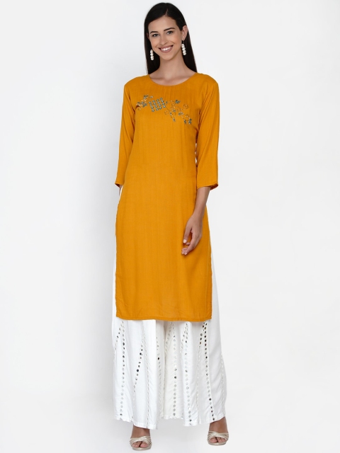

Vastraa Fusion Women Mustard Yellow Embroidered Thread Work Kurta