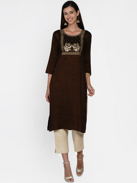 

Vastraa Fusion Women Brown Yoke Design Embellished Kurta