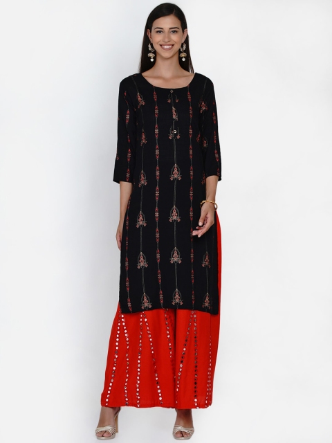 

Vastraa Fusion Women Black Printed Round-Neck Kurta