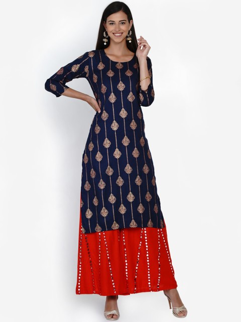 

Vastraa Fusion Women Navy Blue Ethnic Motifs Printed Flared Sleeves Kurta