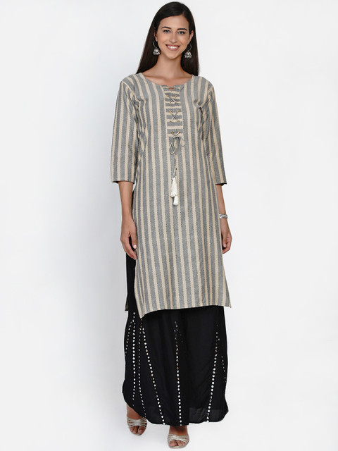 

Vastraa Fusion Women Beige Striped Round Neck Kurta