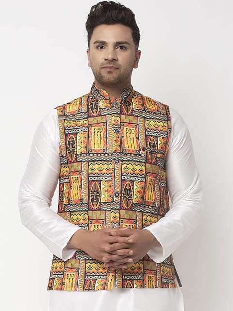 

Benstoke Men Charcoal Grey & Yellow Printed Woven Nehru Jacket