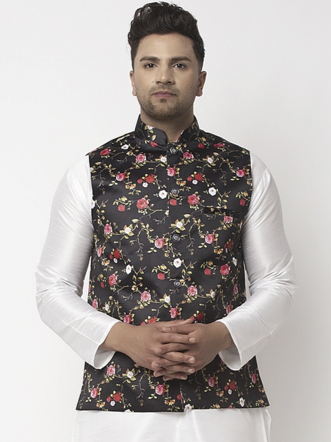 

Benstoke Men Black & Pink Floral Printed Woven Nehru Jacket