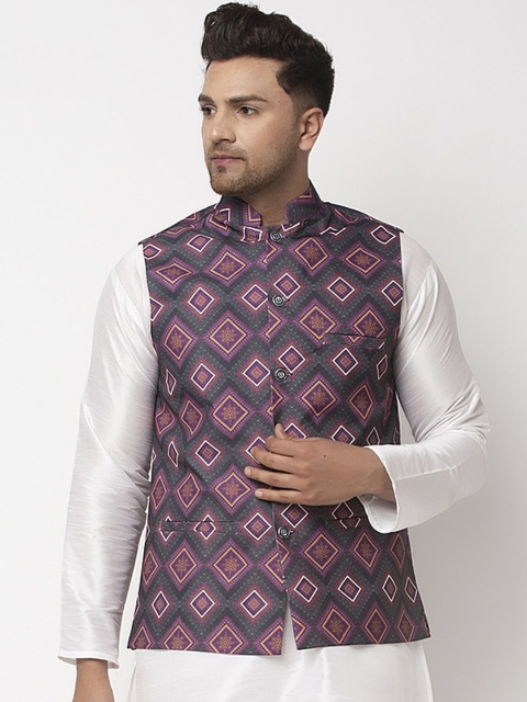 

Benstoke Men Charcoal Grey & Purple Printed Woven Nehru Jacket