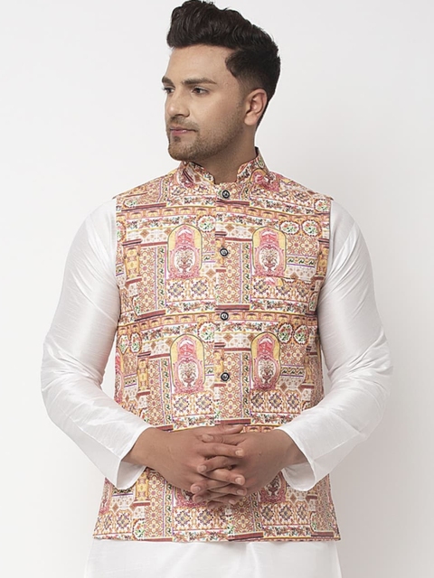 

Benstoke Men White & Yellow Printed Woven Nehru Jacket