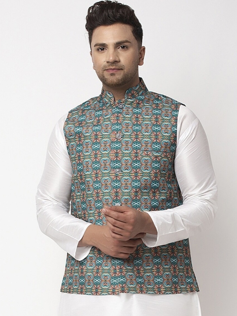 

Benstoke Men Teal Blue & Orange Printed Woven Nehru Jacket