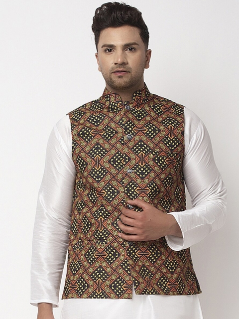 

Benstoke Men Black & Brown Printed Woven Nehru Jacket