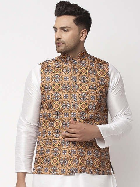 

Benstoke Men Brown & Charcoal Grey Printed Woven Nehru Jacket