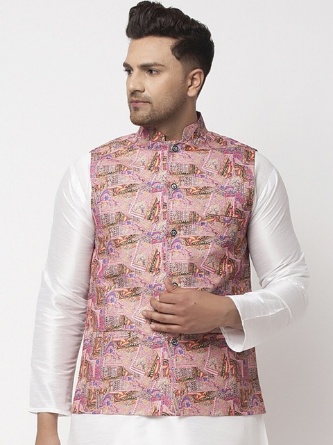 

Benstoke Men Pink & Yellow Printed Woven Nehru Jacket